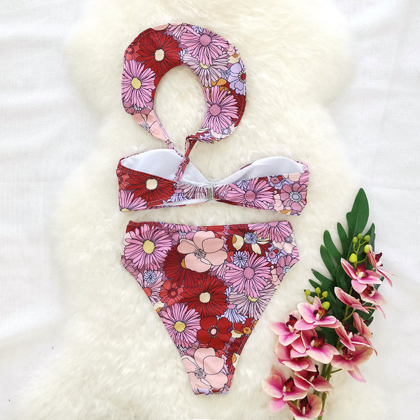 Swimsuit new shoulder bandage flower buckle ruffled split bikini