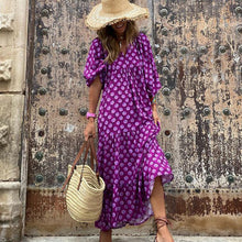 Load image into Gallery viewer, geometric patch puff sleeve dress
