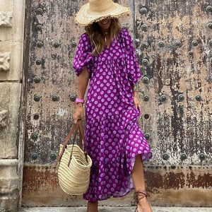 geometric patch puff sleeve dress
