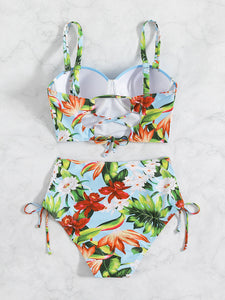 Split Bikini Hard Cup Underwire Swimsuit Tie High Waist Print Swimsuit Digital Print with Plain Color