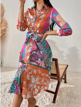 Load image into Gallery viewer, Women&#39;s Lace-Up Print Polo Neck Midi Dress
