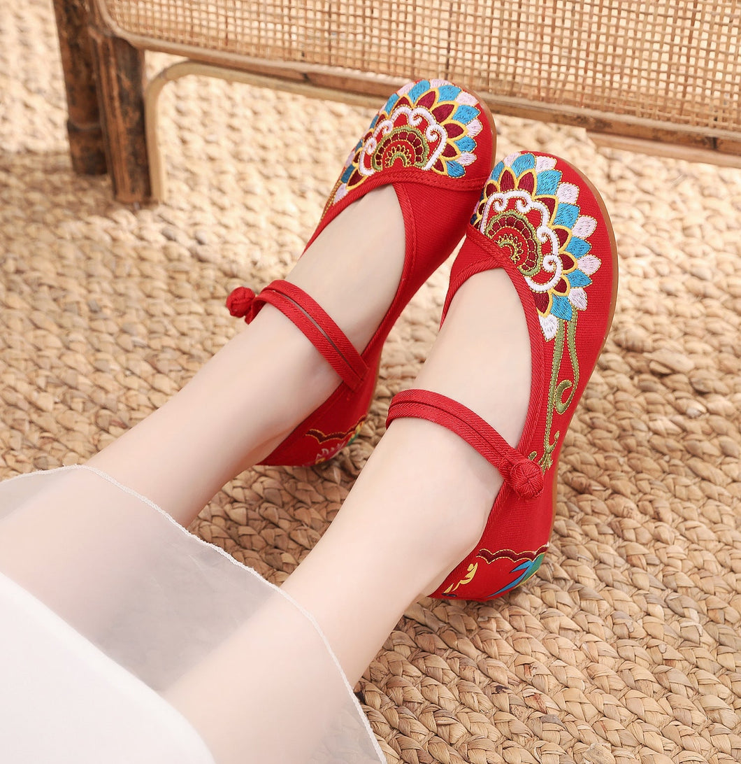 Canvas embroidered cloth shoes women's shoes single shoe one-line buckle low heel