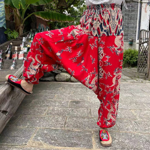 Ethnic style summer men's and women's same large crotch pants cotton and linen printed casual lantern trousers