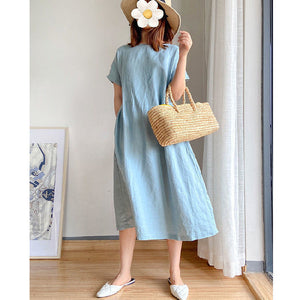 Cotton and linen solid color plus size dress women's summer loose Japanese mid-length skirt women