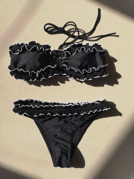 Sexy neck lace pleated split bikini swimsuit