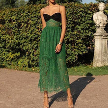 Load image into Gallery viewer, New women&#39;s dress suspender sexy lace green cutout resort multi-layered maxi dress
