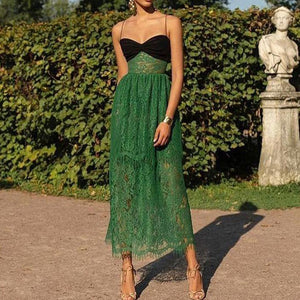 New women's dress suspender sexy lace green cutout resort multi-layered maxi dress