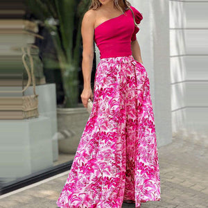 Two-piece set of personalized one-shoulder sleeve tops and printed skirts
