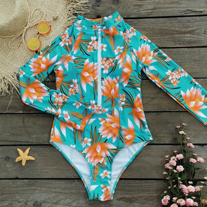 Floral-print long-sleeved triangle one-piece swimsuit women's zipper high waisted surfsuit