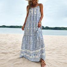 Load image into Gallery viewer, Summer new blue print boho style suspenders large swing high waist loose ladies dress
