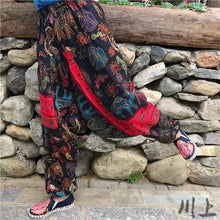 Load image into Gallery viewer, Ethnic style summer men&#39;s and women&#39;s same large crotch pants cotton and linen printed casual lantern trousers
