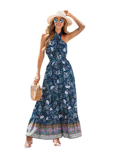 Bohemian print casual halterneck maxi dress