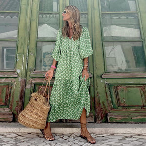 geometric patch puff sleeve dress