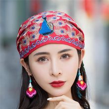 Load image into Gallery viewer, National style embroidered thin cotton and linen hat Women&#39;s hat Peacock embroidered hat Tie scarf hat
