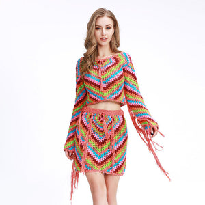 Long Sleeve Top Women Fashion Short High Waist Tassel Hand Crochet Swimsuit Cover Up Simple Beach Swimwear