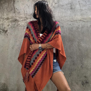 Striped sweater shawl sleeveless knit cape over women's thick blanket coat