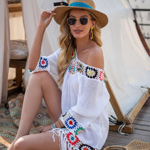 Load image into Gallery viewer, New Off The Shoulder half Sleeve Hook Pattern Stitching Irregular Tassel Beach Cover Up Shirt Ethnic Style Dress
