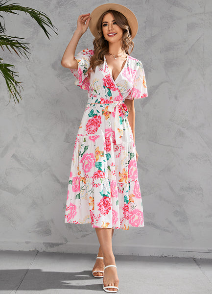 Summer print V-neck midi midi dress with a nipped-in waist