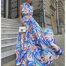 Load image into Gallery viewer, French dress chiffon halter type blue high-waist temperament printed dress
