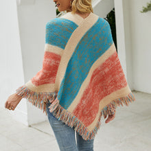 Load image into Gallery viewer, Contrast stripe knitted cape fringed cape
