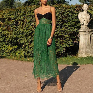 New women's dress suspender sexy lace green cutout resort multi-layered maxi dress