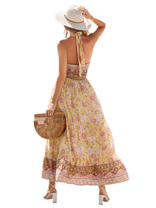 Bohemian print casual halterneck maxi dress