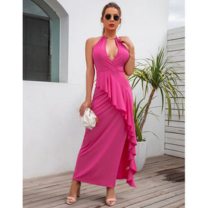 Women's temperament slit pleated suspender dress evening dress