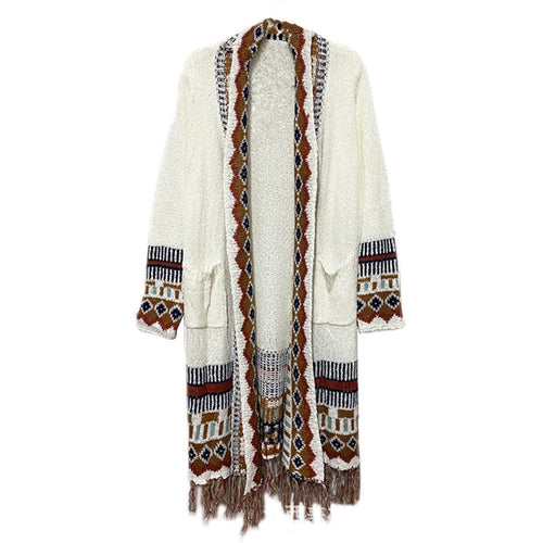 Bohemian fringed cardigan ethnic style mid-length sweater loose knitted coat