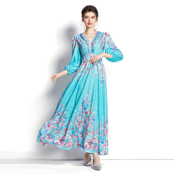 Spring and autumn V-neck long sleeves temperament, ruffled lace balloon sleeves, long print waist dress