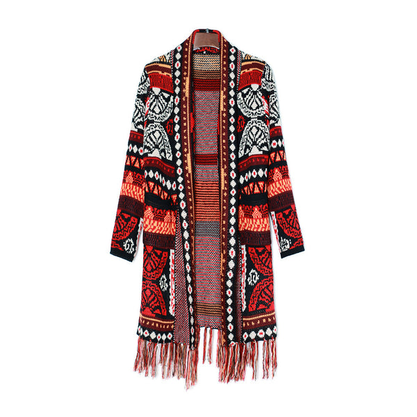 Ethnic retro tassel cardigan sweater knitted coat new loose long sleeve bohemian style