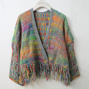 Loose hand-woven rainbow fringed knitted cardigan autumn and winter short sweater coat