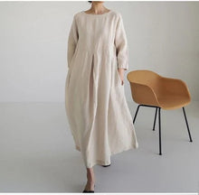 Load image into Gallery viewer, Loose Plus-size Dress Fat Japanese Cotton and Linen Round Neck Pullover Solid Color Long Skirt Big Swing Dress

