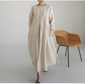 Loose Plus-size Dress Fat Japanese Cotton and Linen Round Neck Pullover Solid Color Long Skirt Big Swing Dress