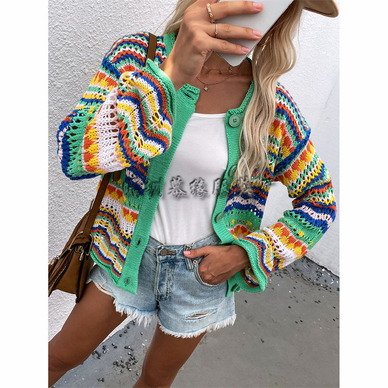 Striped sweater women loose plus size rainbow knit sweater button cardigan