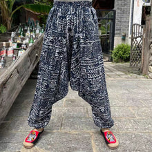 Load image into Gallery viewer, Ethnic style summer men&#39;s and women&#39;s same large crotch pants cotton and linen printed casual lantern trousers
