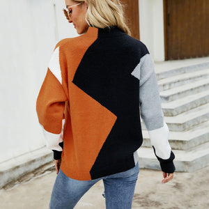 Autumn/winter fashion crewneck paneling contrast knitwear loose pullover half-turtleneck sweater woman