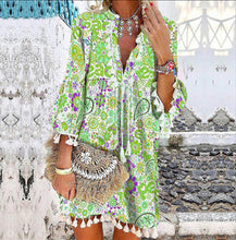 Load image into Gallery viewer, Printed V-neck pullover fringed ruffled sleeve dress
