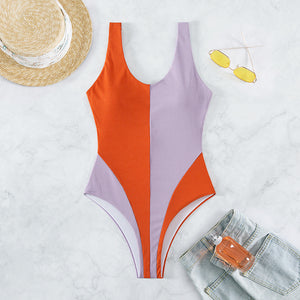 One-piece swimsuit contrast panels, pit strip fabric women's swimsuit beach vacation