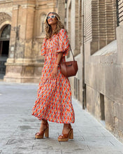 Load image into Gallery viewer, geometric patch puff sleeve dress
