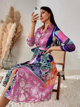 Load image into Gallery viewer, Women&#39;s Lace-Up Print Polo Neck Midi Dress
