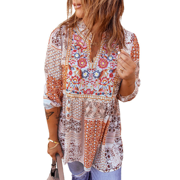 The new fall Bohemian v-neck pullover T-shirt with long sleeves