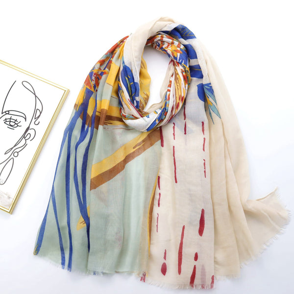 Printed silk scarf, fringed spring and summer scarf, shawl