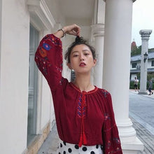 Load image into Gallery viewer, Retro ethnic embroidery exotic loose lantern sleeve fringed top
