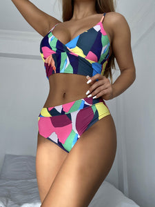 Sexy Multicolor Geometric Print V-neck Bikini Split Swimsuit Cross Swimsuit
