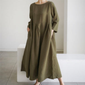 Loose Plus-size Dress Fat Japanese Cotton and Linen Round Neck Pullover Solid Color Long Skirt Big Swing Dress
