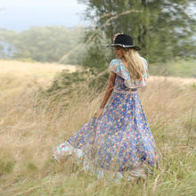 Load image into Gallery viewer, Blue Off-the-shoulder Bohemia Maxi Chiffon Floral Print Dress Beach Style Vacation Dress
