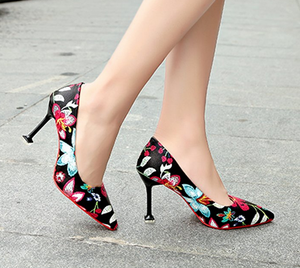 Pointed Heels High Heel Stiletto Flowers Retro Embroidery Shoes