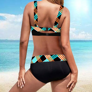 Printed Stripes Lattice Bikinis Swimwear