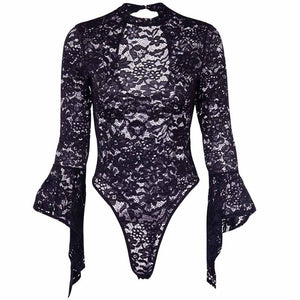 Woman Black Goth Sexy Lace Bodysuit Rompers A Line Skirt Suspender Lace Up See Through Club Wear