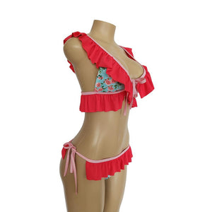 Lotus Leaf Folded Flyback Halter Sexy Low Waist Bikini